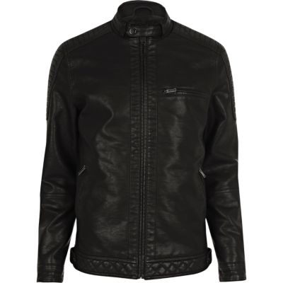 Black faux suede leather racer jacket